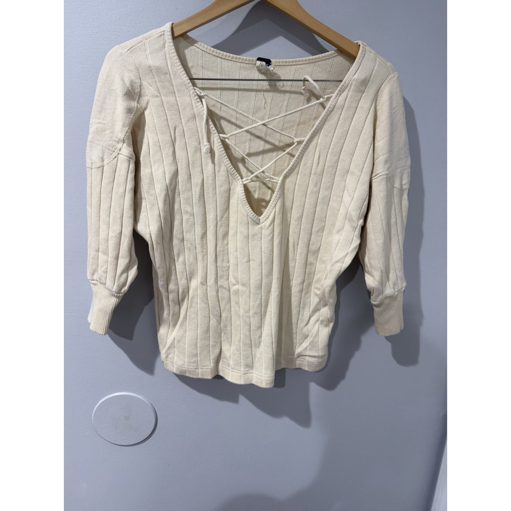 We The Free Cream Ribbed Knit Lace Up V Neck Long Sleeve Top Sz S W